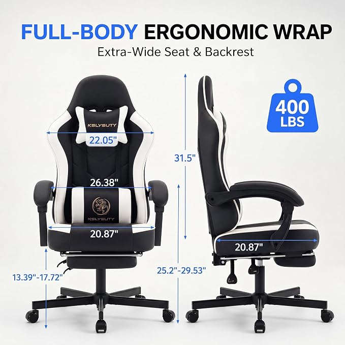 Desk Computer Gaming Chair - High Back Ergonomic Office Chair with Footrest and Lumbar Support, Swivel Comfy Home Gamer Video Game Chairs with Pocket Spring Cushion for Adults (White Leather)