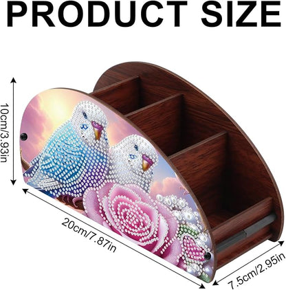DIY Diamond Painting Tabletop Holder Lovebirds and Rose Design Handmade 5D Diamond Art Storage Box for TV AC Remotes Makeup Brushes Office Desktop Craft Valentine's Day Gift