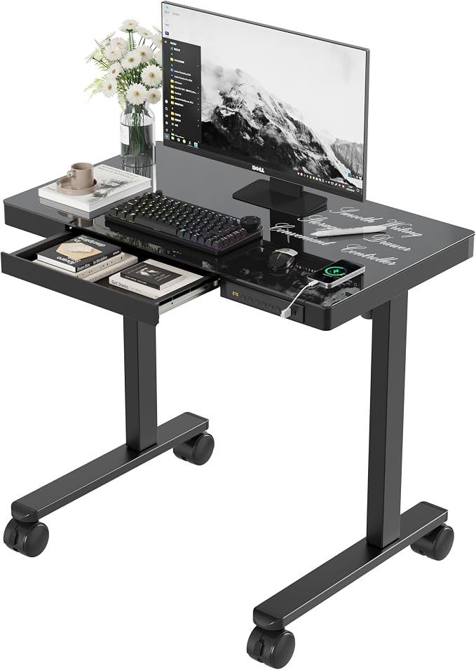 Monomi 35" Glass Standing Desk with Drawer and USB Ports, Electric Height Adjustable Desk for Home Office, Black Sit Stand Table with Storage, Easy Assembly Computer Desk for Small Spaces