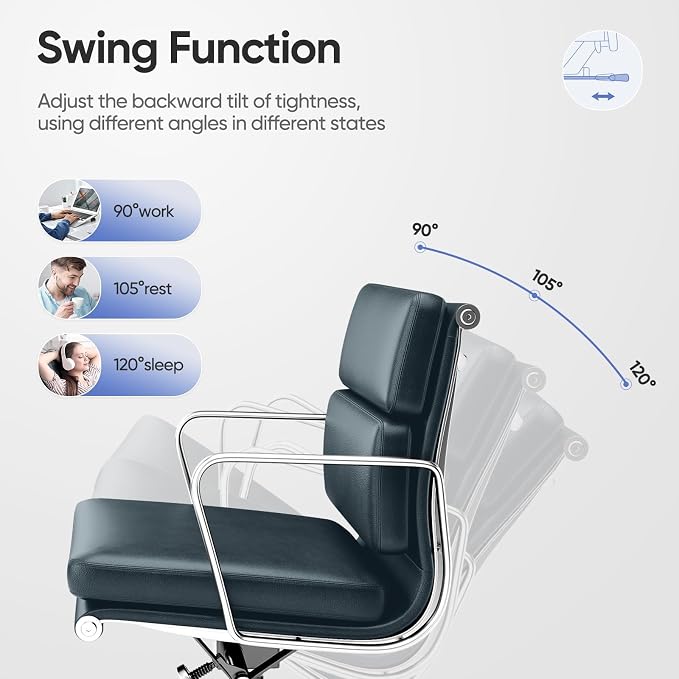 Mid-Back Genuine Leather Office Chair, Padded Executive Desk Chair with Aluminum Arms and Base, Swivel Wheels with Lumbar Support & Tilting Function, Hight Adjustable, Silent Weheels, Dark Blue
