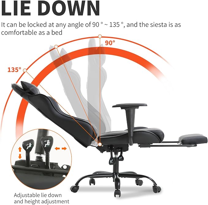 BestOffice | Ergonomic Gaming Chair | Black | Reclining Computer Chair with Lumbar Support, Headrest Pillow, Adjustable Footrests | 360 Swivel with Heavy Duty Wheels | for Home & Office