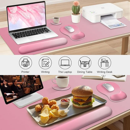 4-in-1 Large Gaming Mouse Pad, Keyboard Wrist Rest Pad & Wrist Support Mousepad Set, Extended Desk Pad Waterproof Desk Mat for Home Office Decor Study Game 35.4×15.7 Inches I Gradient Pink Blush