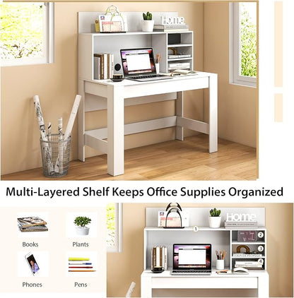 Giantex White Desk with Hutch, Home Office Desk with Bookshelf, Computer Workstation PC Laptop Table with Anti-Toppling Device & Cable Hole, Modern Study Writing Desk for Small Spaces, Bedroom