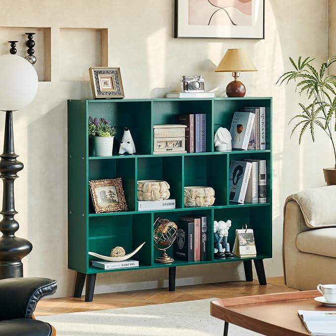 LEYAOYAO 10 Cube Bookshelf,3 Tier Modern Wide Bookcase with Legs,Mid-Century Wood Bookshelves Storage,Dark Green Large Book Case,Freestanding Organizer Display Shelf for Bedroom,Living Room,Office