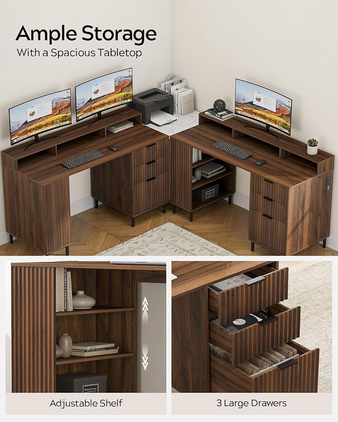 EYYTHUNG Brown Fluted Executive Desk with Storage Shelf & File Drawer, 55" Modern Wood Office Desk with Monitor Stand & Charging Station, Home Writing Computer Table for Work Study