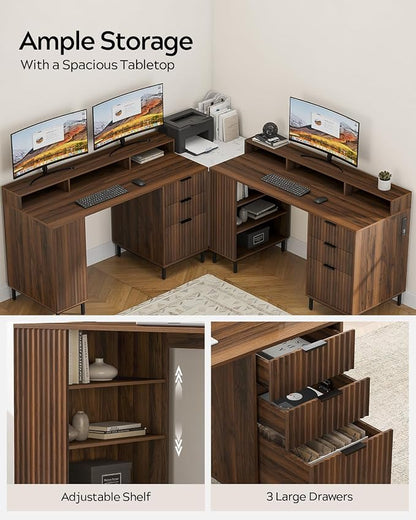 EYYTHUNG Brown Fluted Executive Desk with Storage Shelf & File Drawer, 55" Modern Wood Office Desk with Monitor Stand & Charging Station, Home Writing Computer Table for Work Study