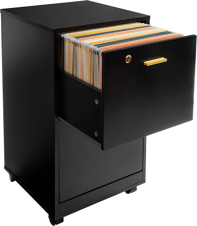Lavish Home 2 Drawer File Cabinet - Filing Cabinet with Lock - Rolling File Cabinet for Under Desk Storage - Wood Filing Cabinet for Home or Office Organization (Black)