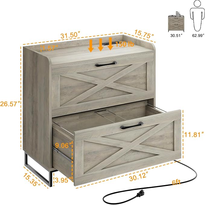 Halitaa File Cabinet 2 Drawers, Lateral File Cabinet with Charging Station for Letter/Legal/A4 Size Hanging Files, Large Wood File Storage Cabinets Printer Stand for Home Office, Washed Gray