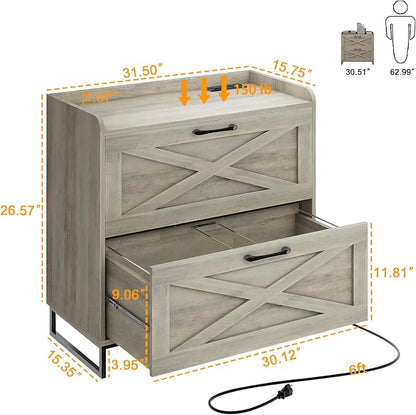 Halitaa File Cabinet 2 Drawers, Lateral File Cabinet with Charging Station for Letter/Legal/A4 Size Hanging Files, Large Wood File Storage Cabinets Printer Stand for Home Office, Washed Gray