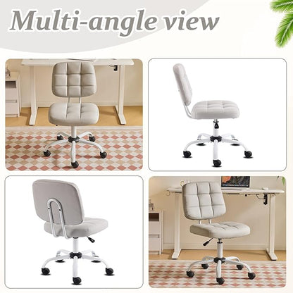 VINGLI Compact Small Desk Chair, Cute Armless Chair with Wheels, Vanity Chair with Low Back, Height Adjustable Task Chair for Small Spaces, Office, Bedroom, Make Up Room, PU Leather, Light Grey