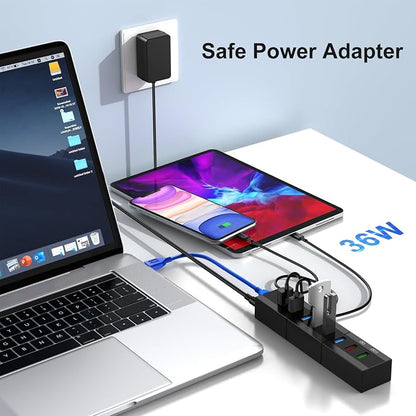 Powered USB 3.0 Hub, RAOYI 8 Ports High Speed USB 3.0 Hub Splitter with 36W Power Adapter, 3.3ft Cable and Smart Fast Charger USB Hub for for Laptop, PC, Mac, Mobile HDD, Mulitple Devices (Black)