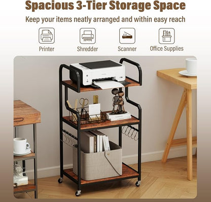 GOFLAME 3-Tier Mobile Printer Stand, Rolling Printer Table with Storage Shelves, 10 S-Shaped Hooks, Lockable Wheels, Home Office Rolling Cart for Shredder, Scanner, Fax (Rustic Brown + Black)