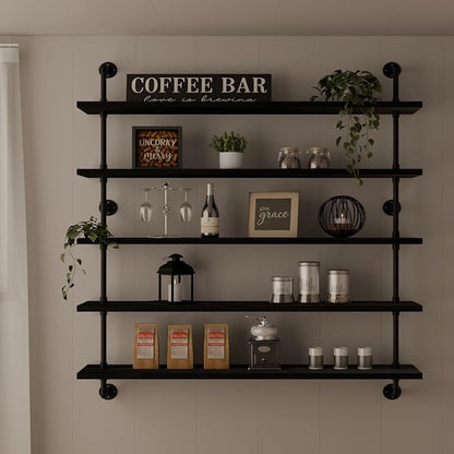 HDDFER Floating Shelves for Wall Bookshelf Industrial Pipe Shelving Shelves 48 Inch 5 Tier Natural Wood Planks Rustic Wall Shelves Hanging Bookshelves Farmhouse Kitchen Shelving Black