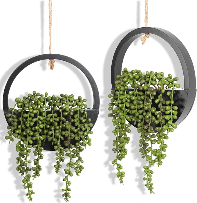 2 Pack Fake Plants Artificial Wall Hanging Plants, Boho Hanging Planter Fake Succulents Artificial String of Pearls in Black Wooden Pots with Lanyard for Home Office Wall Decoration