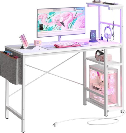 Bestier Gaming Desk with Power Outlets, 44 Inch Led Gamer Desk with 4 Tiers Reversible Shelves, PC Gaming Table with Headset Hook & Side Storage Bag for Bedroom (White 3D Carbon Fiber)