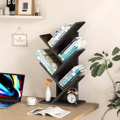 SHEEPAM 5 Tier Tree Book Shelf, Small Desktop Bookshelf with Storage Organizer, Wood Bookcase, Desk Display Bookshelves, Floor Standing Organizer Bookcases for Living Room,Bedroom,Office-Dark Grey