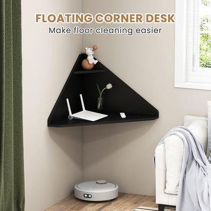 Giantex Corner Floating Desk, Wall Mounted Computer Desk with Storage Shelf, Space-Saving Writing Desk, Triangle Laptop Desk for Living Room, Study, Bedroom, Home Office & Small Spaces (Black)