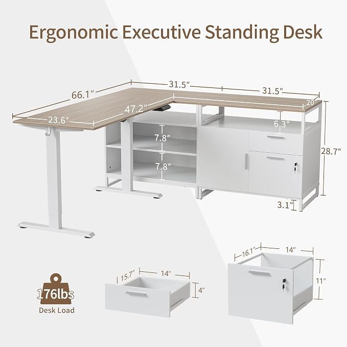 FEZIBO Electric L Shaped Standing Desk with Storage, Executive Desk Adjustable Height, Light Walnut