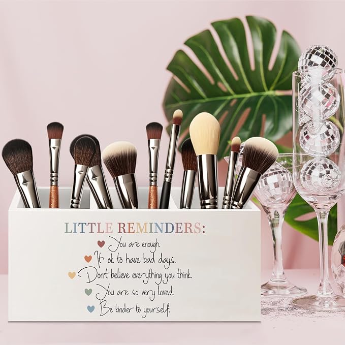 Little Reminders Mental Health Wooden Pen Pencil Holder for Office Desk Accessories, Therapist Gifts, Mental Health Positive Affirmations Makeup Brush Toothbrush Holder Organizer