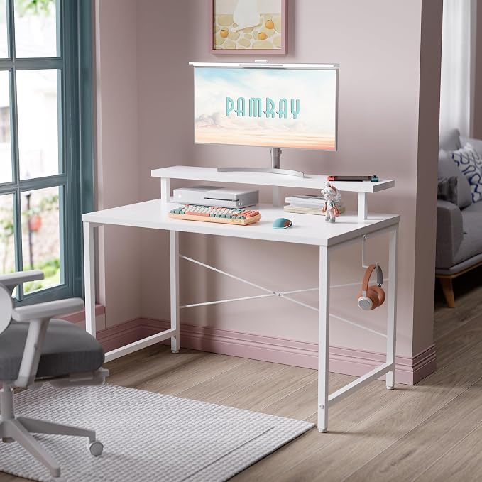 Pamray 32 Inch Small Computer Desk with Monitor Stand, Simple Office Desk with Headphone Hook for Small Spaces, Kids Study Writing Table for Bedroom, White