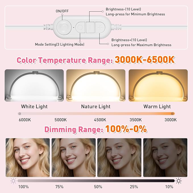 HITTI 29in Half Moon Light for Nail Desk, Foldable, 3 Color Modes & 10 Brightness, Phone Stand, Arch LED Nail Tech Table Lamp for Manicure Salon, Handicraft, Art, Eyelash Extension - White