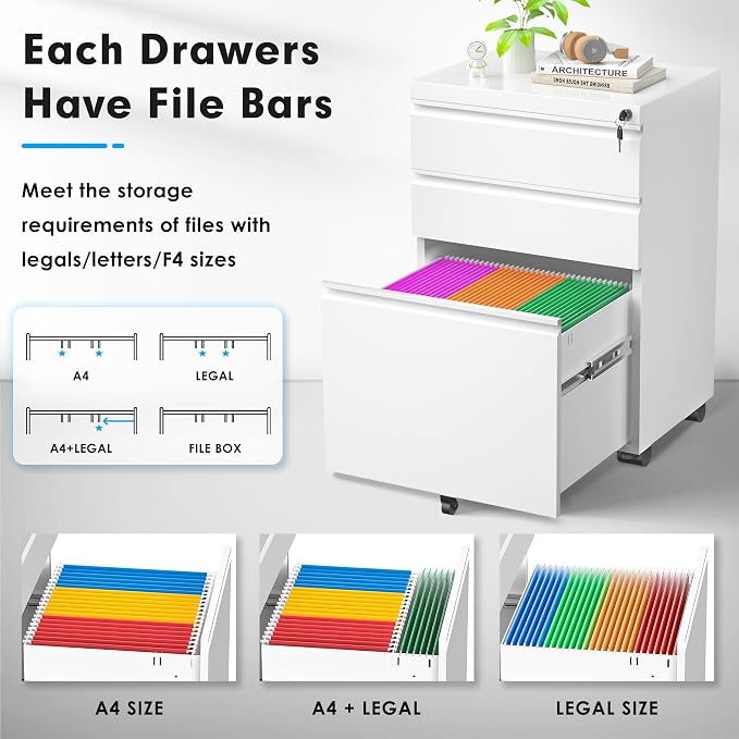 Greenvelly 3-Drawer Mobile File Cabinet with Locking Drawers & Wheels, No Assembly Required White Rolling Metal Filing Cabinet for Home Office, Lockable File Organizer Under Desk or Letter/Legal Files