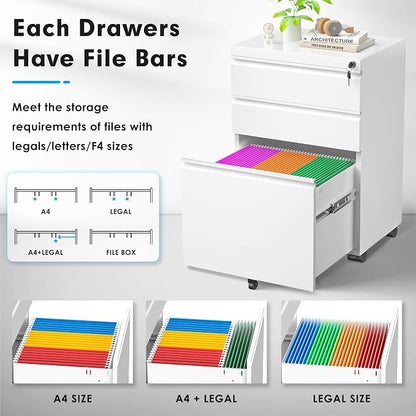 Greenvelly 3-Drawer Mobile File Cabinet with Locking Drawers & Wheels, No Assembly Required White Rolling Metal Filing Cabinet for Home Office, Lockable File Organizer Under Desk or Letter/Legal Files