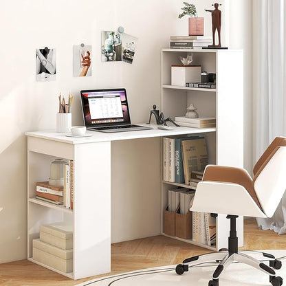 LDAILY Computer Desk with Bookshelf, 48” Modern Office Desk w/ 6-Tier Storage Shelves, CPU Stand, Wider Base, 3-in-1 Reversible Study Table, Writing Desk for Home Office, Bedroom, Study Room (White)