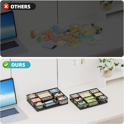 Marbrasse 2 Pack Desk Drawer Organizer, Mesh Drawer Organizer Tray with 8 Adjustable Compartments, Desk Organizers and Accessories, 5 Dividers Drawer for Office Supplies, Makeup & Vanity (Black-2P)
