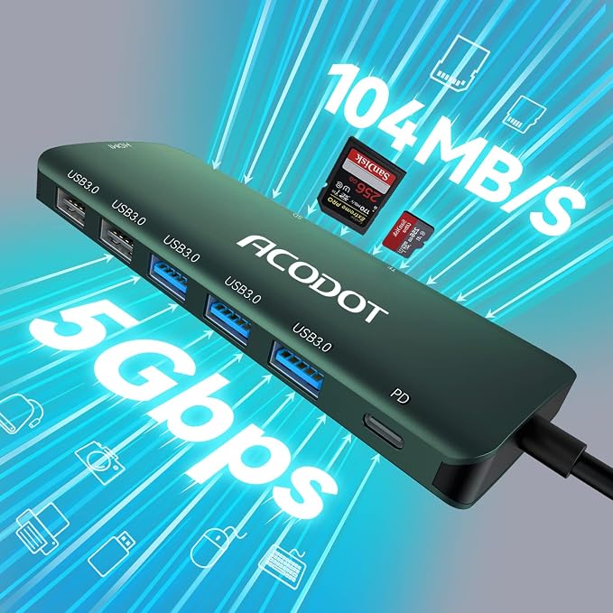 USB C Hub, 9-in-1 Multi-Port USB Adapter, 4K@60Hz HDMI, 100W Max PD, 3 USB3.0(5Gbps) + 2 USB2.0 Data Ports, SD/TF Card Reader for MacBook, iPad Pro, Dell, HP, Lenovo, Windows Laptop, Green