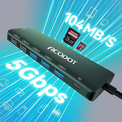 USB C Hub, 9-in-1 Multi-Port USB Adapter, 4K@60Hz HDMI, 100W Max PD, 3 USB3.0(5Gbps) + 2 USB2.0 Data Ports, SD/TF Card Reader for MacBook, iPad Pro, Dell, HP, Lenovo, Windows Laptop, Green