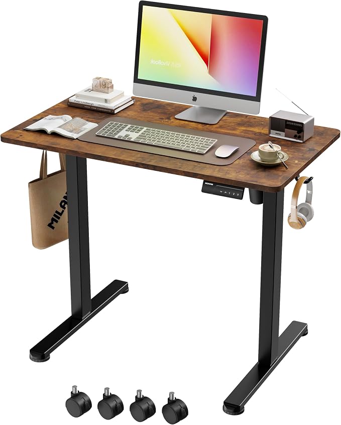 Monomi Small Electric Standing Desk, 35" x 20" Whole Piece Height Adjustable with Memory Controller, Sit to Stand Desk Workstation for Home Office, Rustic Brown