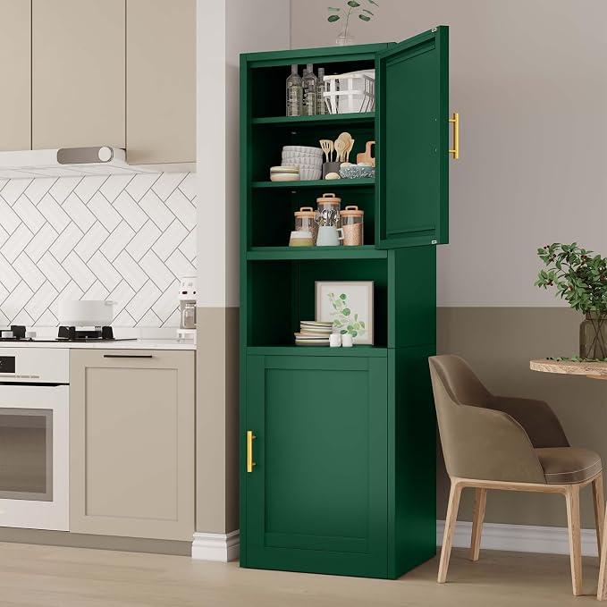 pozdeg 67" Tall Narrow Storage Cabinet, Metal Bathroom Cabinet with 2 Doors & 4 Adjustable Shelves, Freestanding Slim Pantry Organizer for Bathroom Kitchen Living Room (Green)