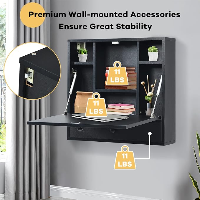 Tangkula Pneumatic Floating Desk - Wall Mounted Laptop Desk with Magnetic Foldable Tabletop, Space Saving Table with Storage Drawer and Shelves (Black)