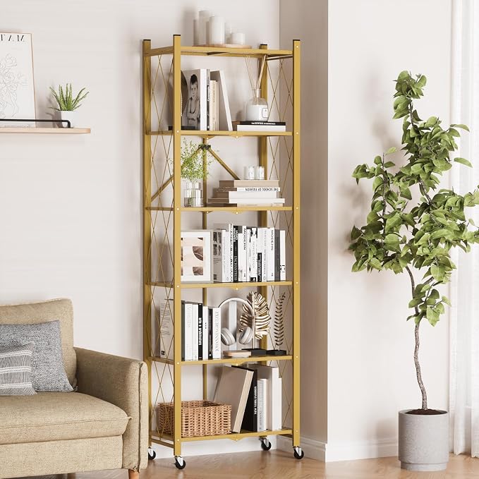ALANNG 73.6 Inch Folding Bookshelf, 6 Tier Metal Bookcase and Bookshelves, Tall Shelves for Living Room Office Bedroom, Heavy Duty Book Shelve Free Standing Open (Gold, 1PACK)