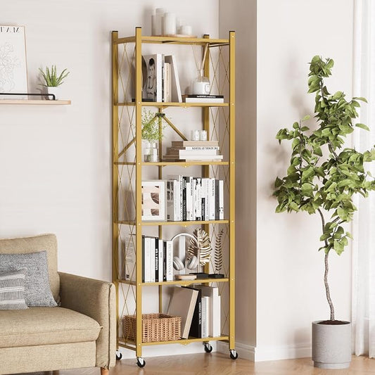ALANNG 73.6 Inch Folding Bookshelf, 6 Tier Metal Bookcase and Bookshelves, Tall Shelves for Living Room Office Bedroom, Heavy Duty Book Shelve Free Standing Open (Gold, 2PACK)