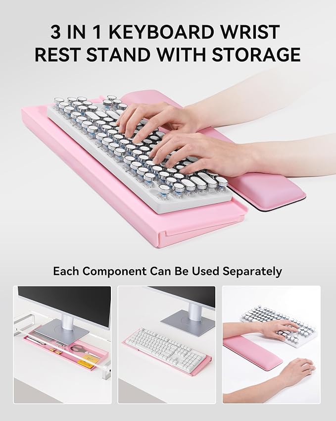 Laborio Computer Keyboard Stand with Storage Box, Keyboard Riser Wrist Rest for Desktop, Office Desk Organizer Accessories(Pink)