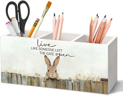 Bunny Gifts Pen Holder for Desk, Rustic Easter Bunny Rabbit Pencil Organizer, Live Like Someone Left The Gate Open Cabin Animal Wooden Pen Holder Desk Accessories Decor for Home Office