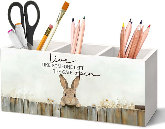 Bunny Gifts Pen Holder for Desk, Rustic Easter Bunny Rabbit Pencil Organizer, Live Like Someone Left The Gate Open Cabin Animal Wooden Pen Holder Desk Accessories Decor for Home Office
