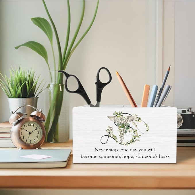 Inspirational Nurse Pen Holder for Desk, Never Stop Positive Medical Wooden Box Sign Desk Decor for Nursing Office School Decoration, Nurse Appreciation Gifts Pencil Organizer