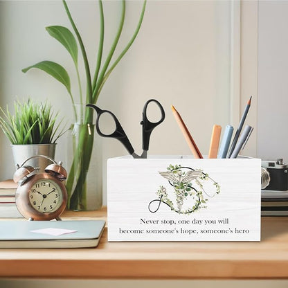 Inspirational Nurse Pen Holder for Desk, Never Stop Positive Medical Wooden Box Sign Desk Decor for Nursing Office School Decoration, Nurse Appreciation Gifts Pencil Organizer