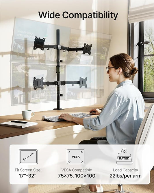 monTEK Quad Monitor Stand Mount, Fully Adjustable Desk Mount for 4 Screen up to 17”-32” and 22lbs Capacity Each Arm, Stable Monitor Arm with C Clamp and Grommet Base, VESA 75x75mm/100x100mm