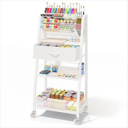 Homsorout 3 Tier Rolling Cart - Metal Utility Cart with Storage Drawer and Wheels, Versatile Art & Craft Organizer for Home, Office, or Studio - Ideal for Storing Brushes, Paints, and Supplies（White）