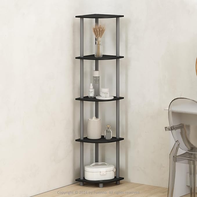 Furinno Turn-N-Tube Storage Shelves, 5-Tier Book Shelf, Corner Shelf, Toolless Open Shelves, for Organization and Storage, Living Room, Home Office, Hallway, Bedroom, Black