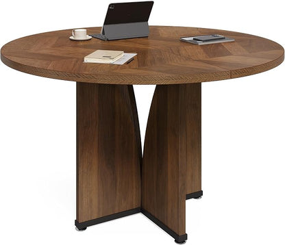 LITTLE TREE 39-Inch Conference Table for 4, Round Meeting Table with X-Shape Pedestal, for Office, Conference Room, Small Spaces, Dark Brown
