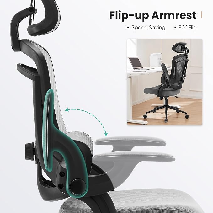 Sweetcrispy Office Ergonomic Desk Chair, 300 LBS Home Mesh Chairs with Wheels, 2D Headrest, Up&Down Lumbar Support, Swivel High Tall Back Computer with Flip-up Armrests, Dark Grey