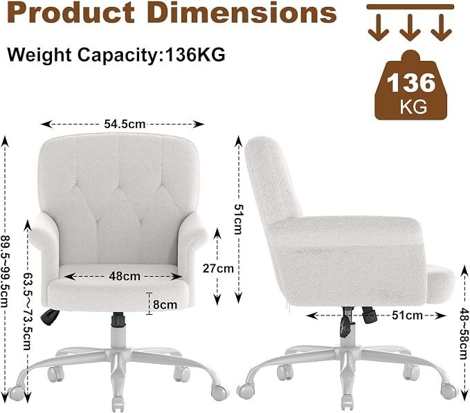 Comfy Home Office Desk Chair, Upholstered Fuzzy Vanity Chair with Wheels and Arms, Modern Adjustable Swivel Computer Seat for Make Up, Home Office, Living Room, Bedroom, Teddy Fleece, White