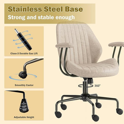 Home Office Chair,Ergonomic Computer Chair with Lumbar Support Adjustable Height,Mid-Century Modern Office Chair with Rolling Swivel Chair for Home Office Game Study(PU Leather Mid Back Chair,Beige)
