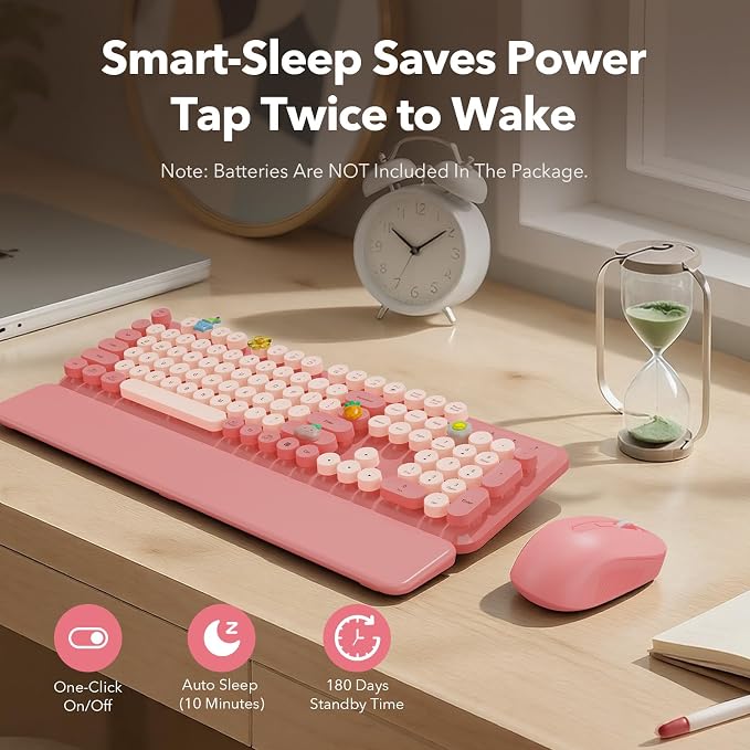 Wireless Keyboard and Mouse Combo, Cute Full-Size Retro Typewriter Keyboard with Round Keycaps, Magnetic Wrist Rest, Tilt Legs, 2.4GHz Cordless for Mac, Windows PC, Laptop, SABLUTE CK23, Baby Pink