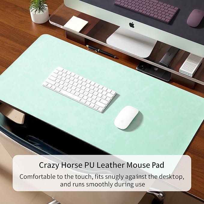 Desk Pad Soft PU Leather Large Mouse Pad Laptop Computer Desk Mat Table Blotter Flat Smooth Waterproof Non-Slip Desktop Protector Writing Pad for Office and Home (Light Green, 90x43cm)
